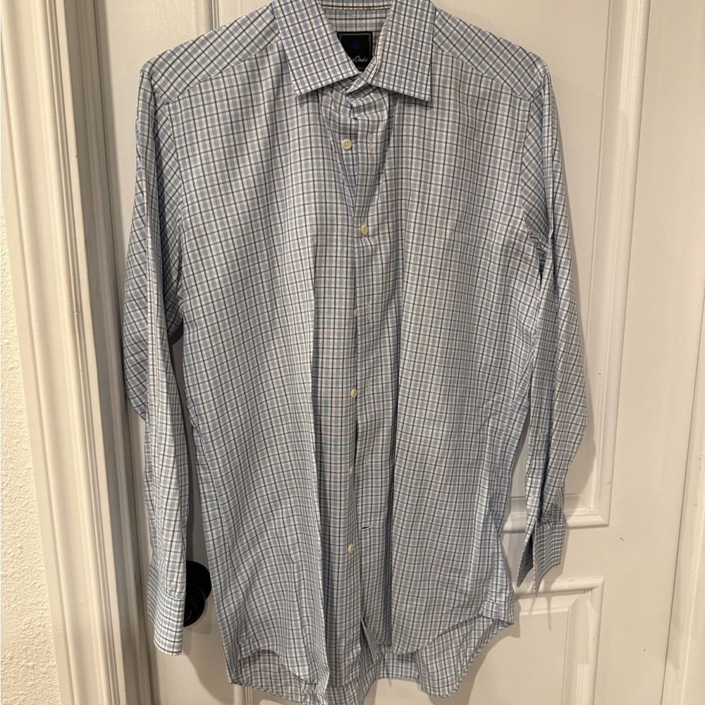 David Donahue Light Blue Plaid Dress Shirt